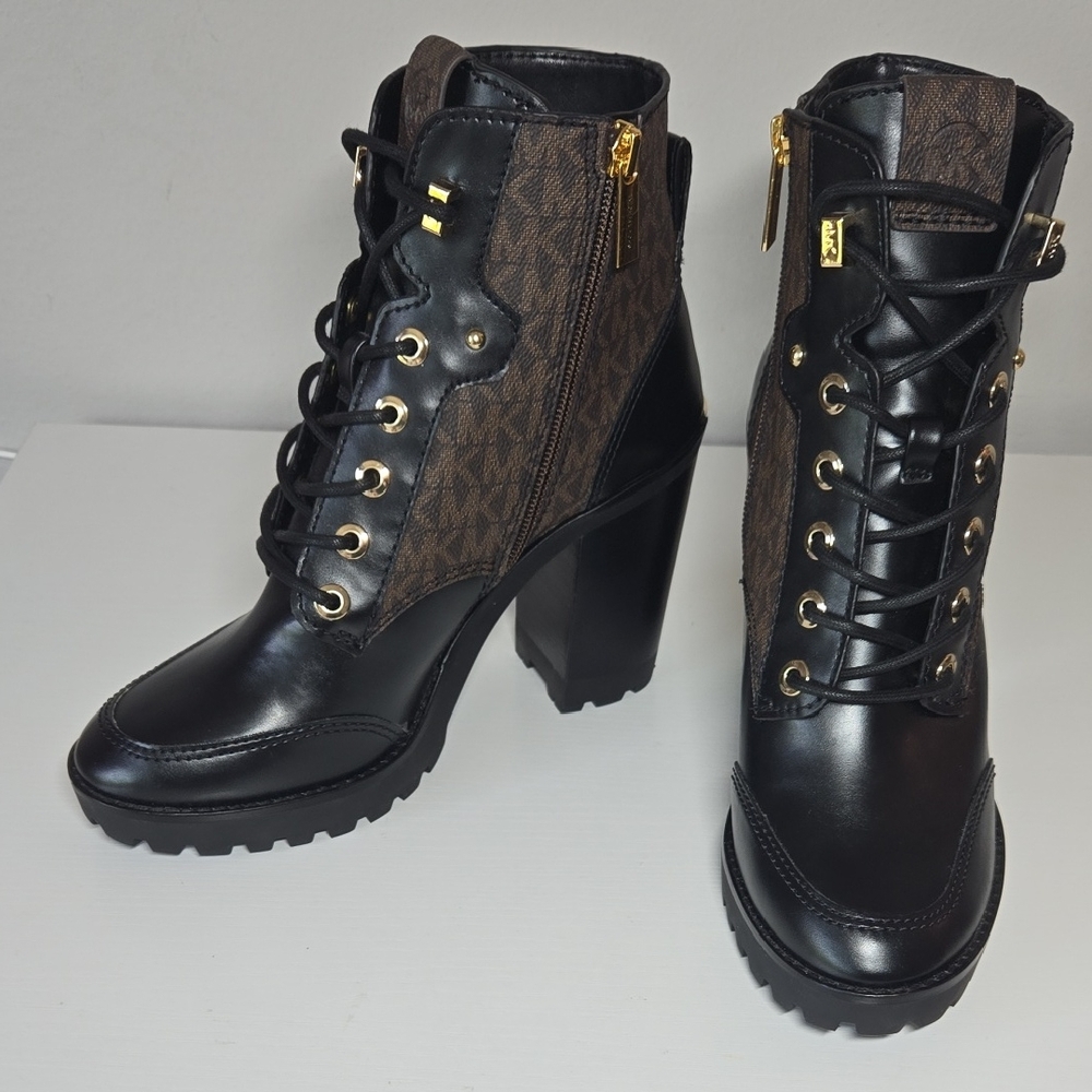 Michael Kors Black and Brown Heeled Boots with Chunky Heel